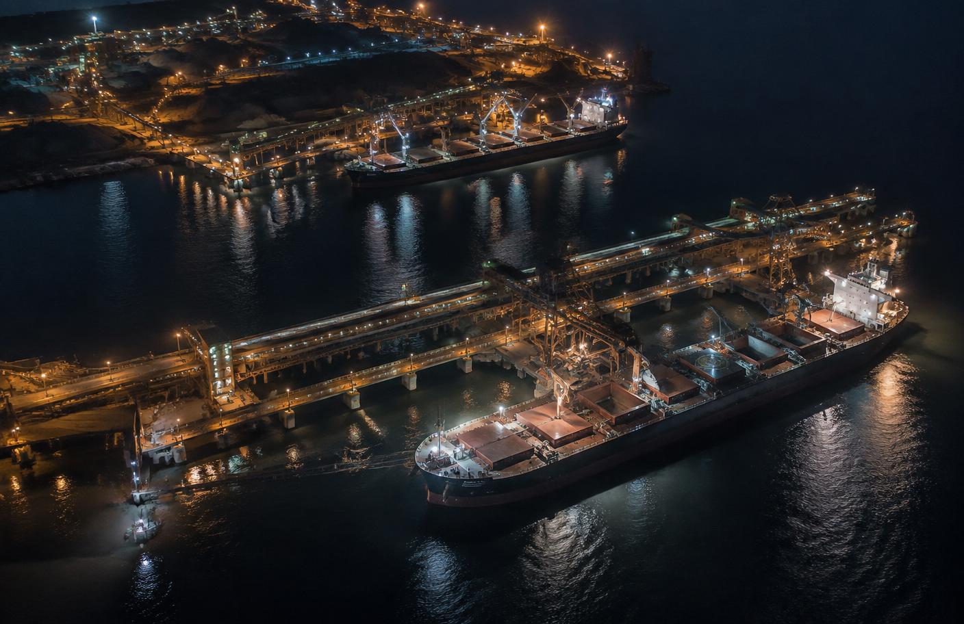 Bulk commodity port terminal at night